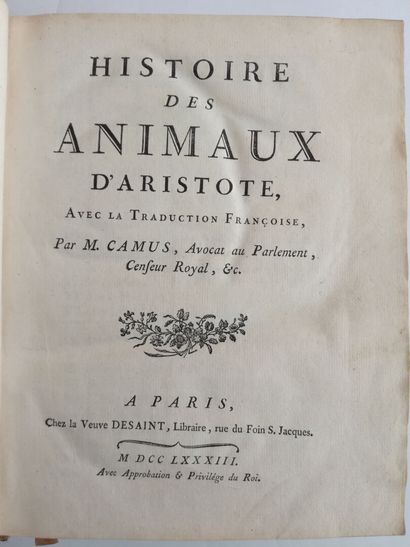 Histoire des animaux d'Aristote, avec la Traduction Françoise par M. Camus (…). ARISTOTE....