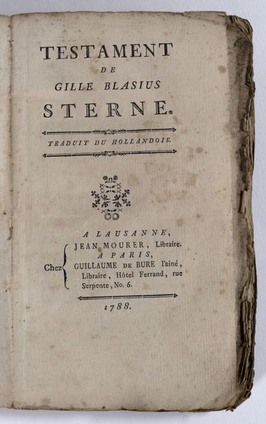 [Censure]. STERNE (Gille Blasius). Testament de Gille Blasius Sterne. Traduit du Hollandois. A Lausanne, chez Jean Mourer ; A Paris, chez G. de Bure l'aîné, 1788.