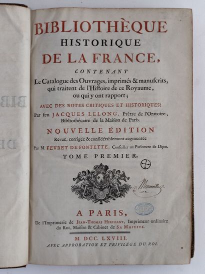 [Reliure aux armes]. LE LONG (Jacques). Bibliothèque historique de la France, contenant...