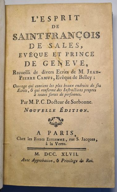 [Reliure]. [CAMUS]. Esprit de St François de Sales, 1747. [Reliure]. CAMUS (Jean-Pierre)...