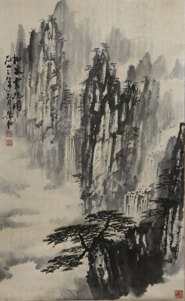 null Ink scroll painting on paper
CHINA, dated 1973
Representing a mountainous landscape...