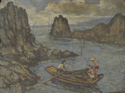 null École VIETNAMIENNE, XXe siècle
Pêcheurs sur un bateau dans un rivière, entourés...
