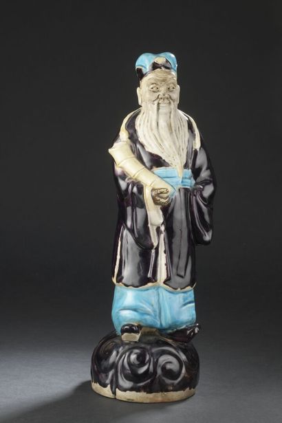null STATUE OF ZHANGGUOLAO in eggplant and turquoise glazed stoneware
CHINA, 19th...