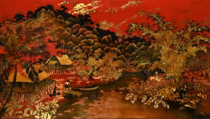 null Lacquer panel
VIETNAM, 20th century
Decorated with peasants and thatched cottages...