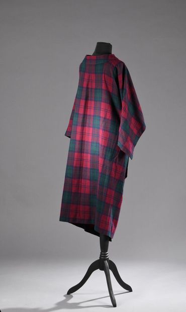 null COAT by PIERRE CARDIN, raspberry, navy blue and green wool tartan closed with...