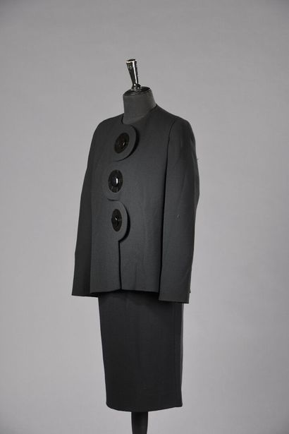 null TAILLEUR by PIERRE CARDIN, black crepe, jacket with undulating cut-outs on the...