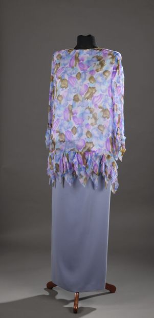 null PIERRE CARDIN summer ensemble, three-quarter-sleeve blouse in silk chiffon printed...