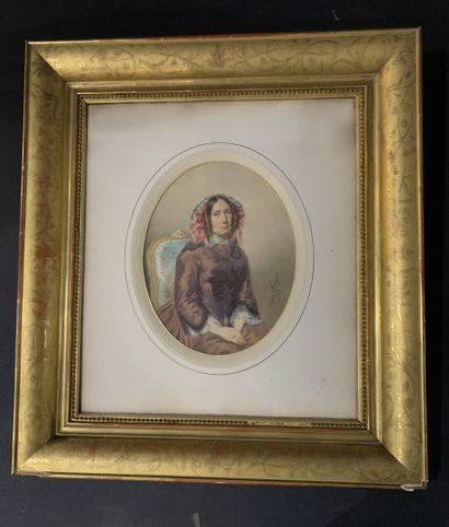 null Viger-Duvignau daté 1853, 
Portrait de dame aux rubans roses,
Aquarelle et réhauts...