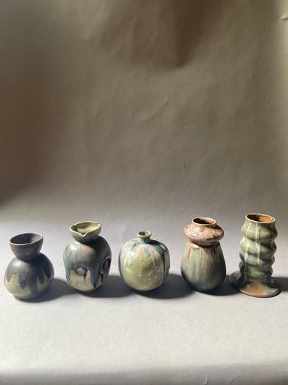 null GREBER Pierre (1933-1961)
Five ovoid and cylindrical stoneware vases with polychrome...