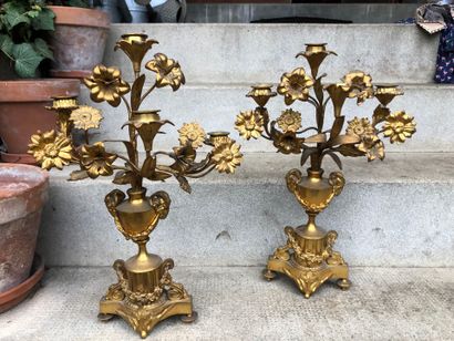null Pair of gilt and chased bronze candelabras in the Louis XVI style, 19th century
H....