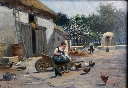 null Fritz Vogler - French school, late 19th century 
Farmer and her hens
Oil on...