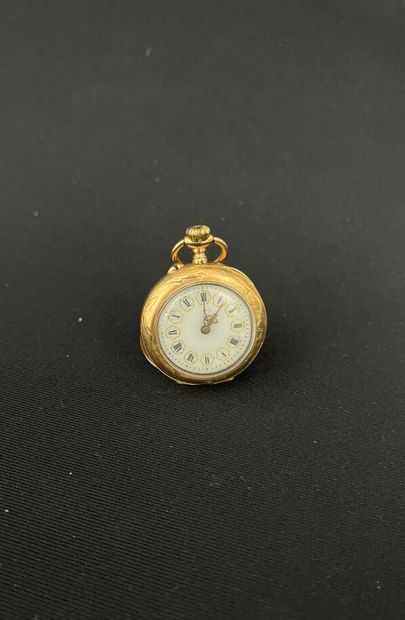 null NECK WATCH, 750/°°° (18K) yellow gold case, white enameled dial, Roman numeral...