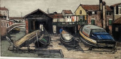 Ginette RAPP (1928-1998) Ginette RAPP (1928-1998)
Shipyard in Venice. 
Oil on canvas...