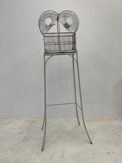 null BIRD CAGE and stand in metal painted metallic gray, opening through two small...
