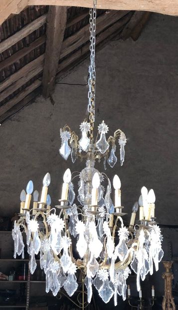 null IMPORTANT Louis XV-style metal, crystal and molded glass LUSTRE with sixteen...