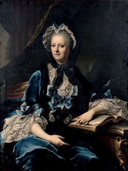 École FRANCAISE du XVIIIe, suiveur de NATTIER Portait de femme à la robe et au bonnet...