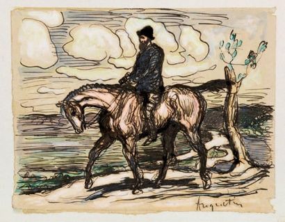 LOUIS ANQUETIN (1861-1932) Autoportrait à cheval Encre, aquarelle et rehaut de gouache....