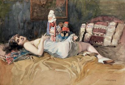 Richard GEIGER (1870-1945) Jeune fille aux poupées Aquarelle. Signée en bas à droite....