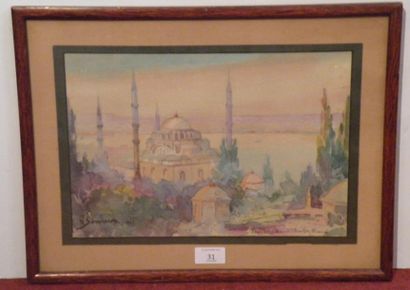 N. SARAPHANOTT (XIXe-XXe s.) Vue de la mosquée Sultan Soleyman à Istanbul, 1921 Aquarelle....