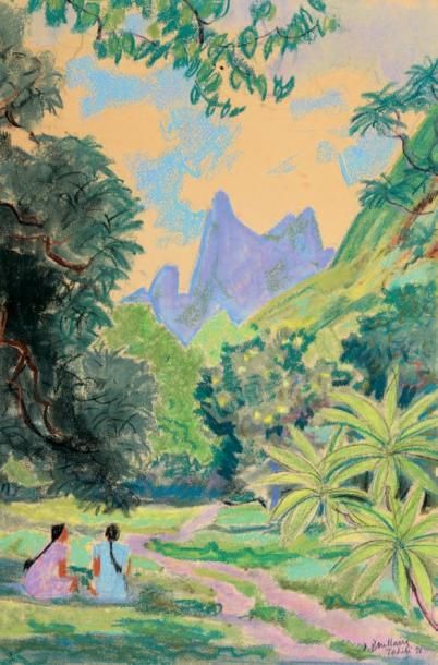 Jacques BOULLAIRE (1893-1976) Paysage animé, Tahiti Pastel signé en bas à droite...