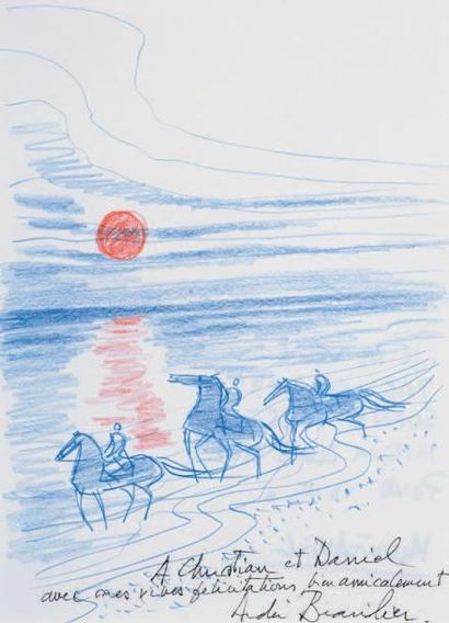André BRASILIER (né en 1929) Trois chevaux sur la plage Dessin dédicacé "A Christian...