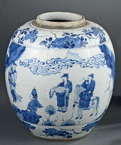 null Pot en porcelaine bleu blanc de forme ovoïde à décor de cavaliers, dignitaires,...