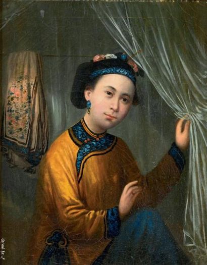 ECOLE CHINOISE, XIXe siècle Peinture encadrée représentant une jeune femme ouvrant...