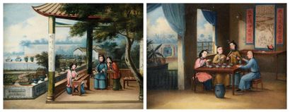 ECOLE CHINOISE, XIXe siècle Paire de peintures encadrées. L'une représentant trois...