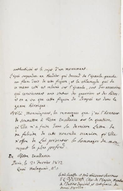Ennio-Quirino VISCONTI (1751-1818) archéologue italien L.A.S., Paris 21 février 1812,...