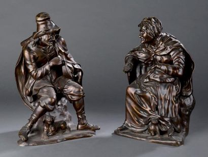 null Paire de groupes en bronze représentant un joueur de vielle et une vendeuse...