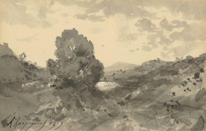 Henri-Joseph HARPIGNIES (1819-1916) Paysage, 1913 Aquarelle. Signée en bas à gauche...