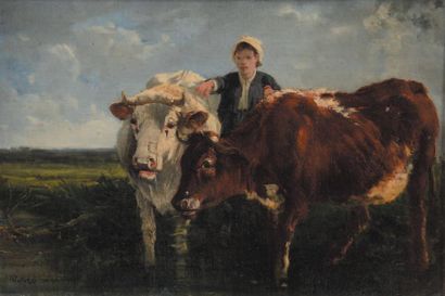 Giusseppe PALIZZI (1812-1888) Jeune homme et ses vaches Huile sur panneau. Signée...