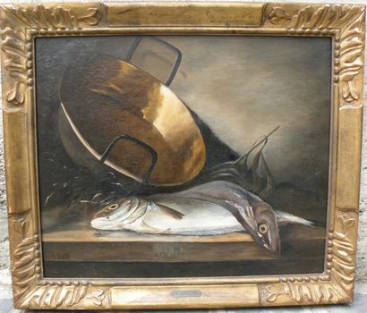Antoine Vollon (1833-1900) Nature morte aux poissons et à la bassine de cuivre Huile...