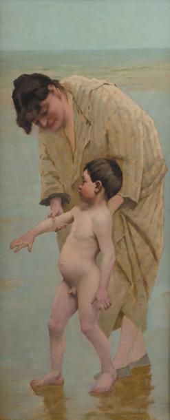 Virginie DEMON-BRETON (1859-1935) Femme et enfant à la plage Huile sur toile. Étiquette...