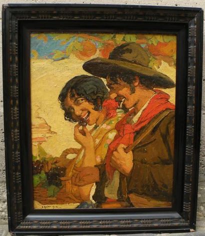 Ernest AZEMA (1871-1917) Couple de vendangeurs andalous, 1912 Huile sur toile. Signée...