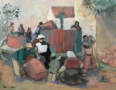 Robert LOTIRON (1886-1966) Scène de la vie paysanne Gouache. Signée en bas à gauche....