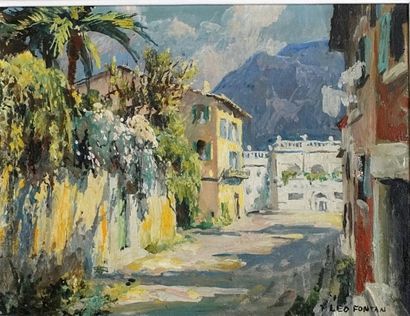 Léo FONTAN (1884-1965) Chemin fleuri, Nice Huile sur toile. 27 x 36 cm (accident...