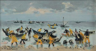 André HAMBOURG (1909-1999) Les pêcheurs au Luc-sur-Mer Huile sur toile signée en...