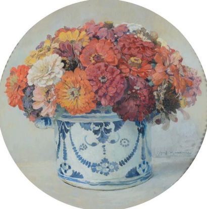 Edgar MAXENCE (1871-1954) Bouquet de fleurs Aquarelle de forme ronde. Signée en bas...