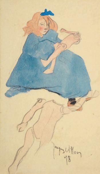 Jacques VILLON (1875-1963) Petite fille en bleu à la poupée Aquarelle et crayon à...