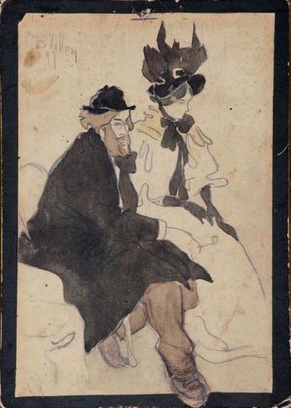 Jacques VILLON (1875-1963) Couple assis Dessin à l'encre noire et à l'aquarelle....