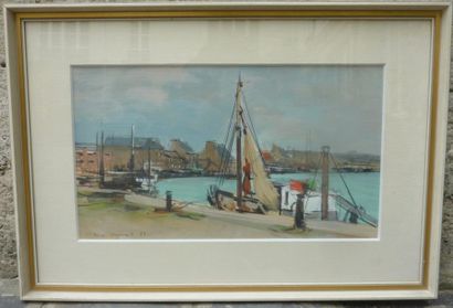 THEVRARD (XXe siècle) Vue d'un port, 1958 Aquarelle. Signée en bas à gauche et datée....