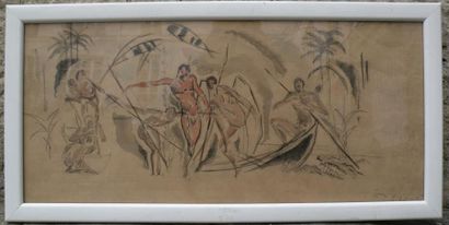 CLEDAT (XXe siècle) Danse africaine Aquarelle. Signée en bas à droite. 22 x 49 c...