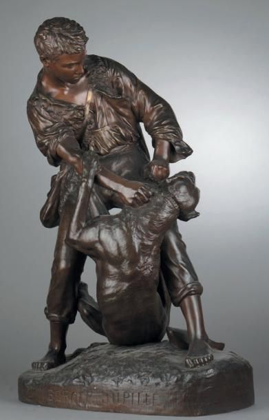 Émile Louis TRUFFOT (1842-1896) Homme au chien Bronze à patine brune. Signé et daté...