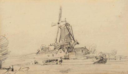 Johan-Barthold JONGKIND (1819-1891) Paysage au moulin Dessin. Signé en bas à gauche.... Gazette Drouot