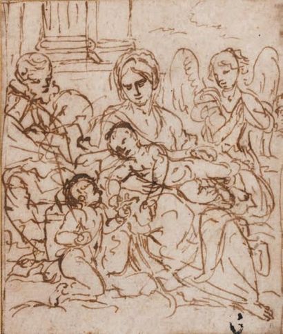 Ecole italienne du XVIIe siècle La Sainte Famille avec saint Jean-Baptiste et un...