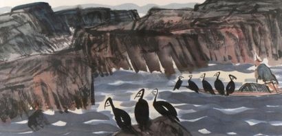 null Peinture à l'encre et couleurs sur papier Chine Représentant des cormorans sur...