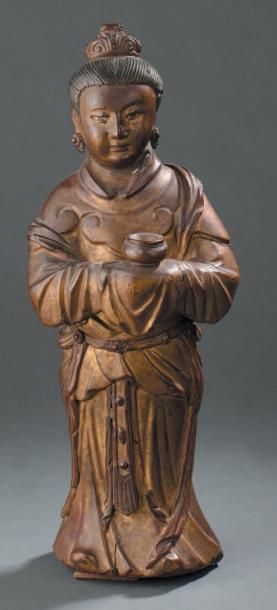 null Statuette de personnage en bois laqué rouge et or Chine, dynastie Qing, XVIIe-XVIIIe...