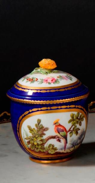 SÈVRES Pot à sucre Bouret couvert en porcelaine tendre à décor polychrome d'oiseaux...