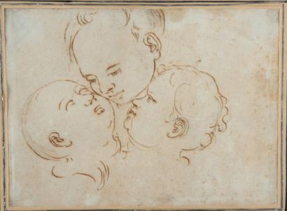 Ecole italienne du XVIIe siècle Trois têtes de putti Plume et encre brune, sur traits...